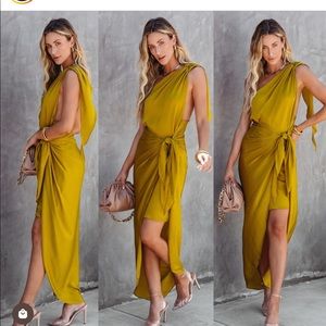 REMI FRONT TIE ONE SHOULDER MIDI DRESS - CHARTREUSE